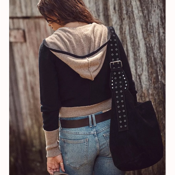 Free People We The Free Bordeaux Cashmere Hoodie sz M Black/Tan - Picture 2 of 6